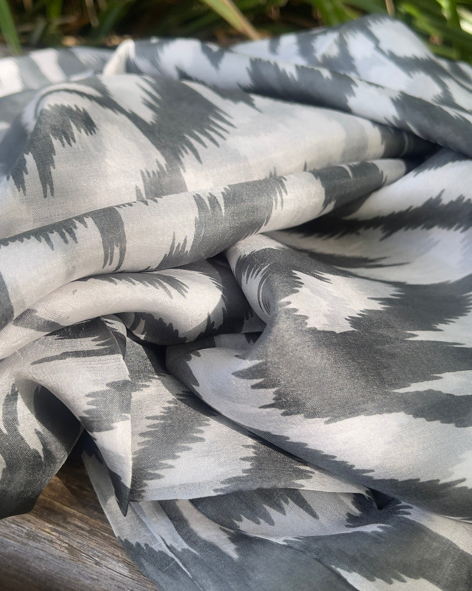 Large Silk Scarf – Grey Ikat Pattern