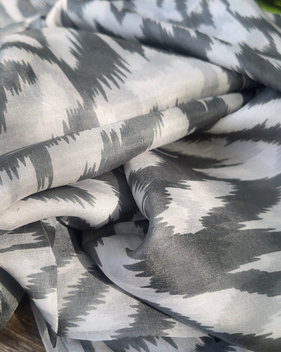 Large Silk Scarf – Grey Ikat Pattern
