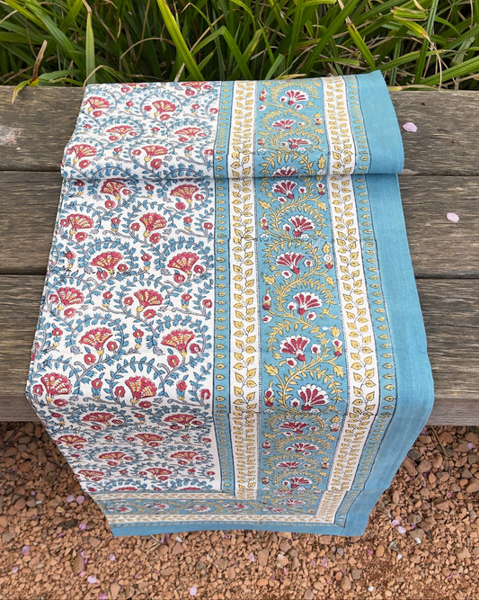 Nappe Jaipur Bleu – Motif floral indien en coton imprimé à la main