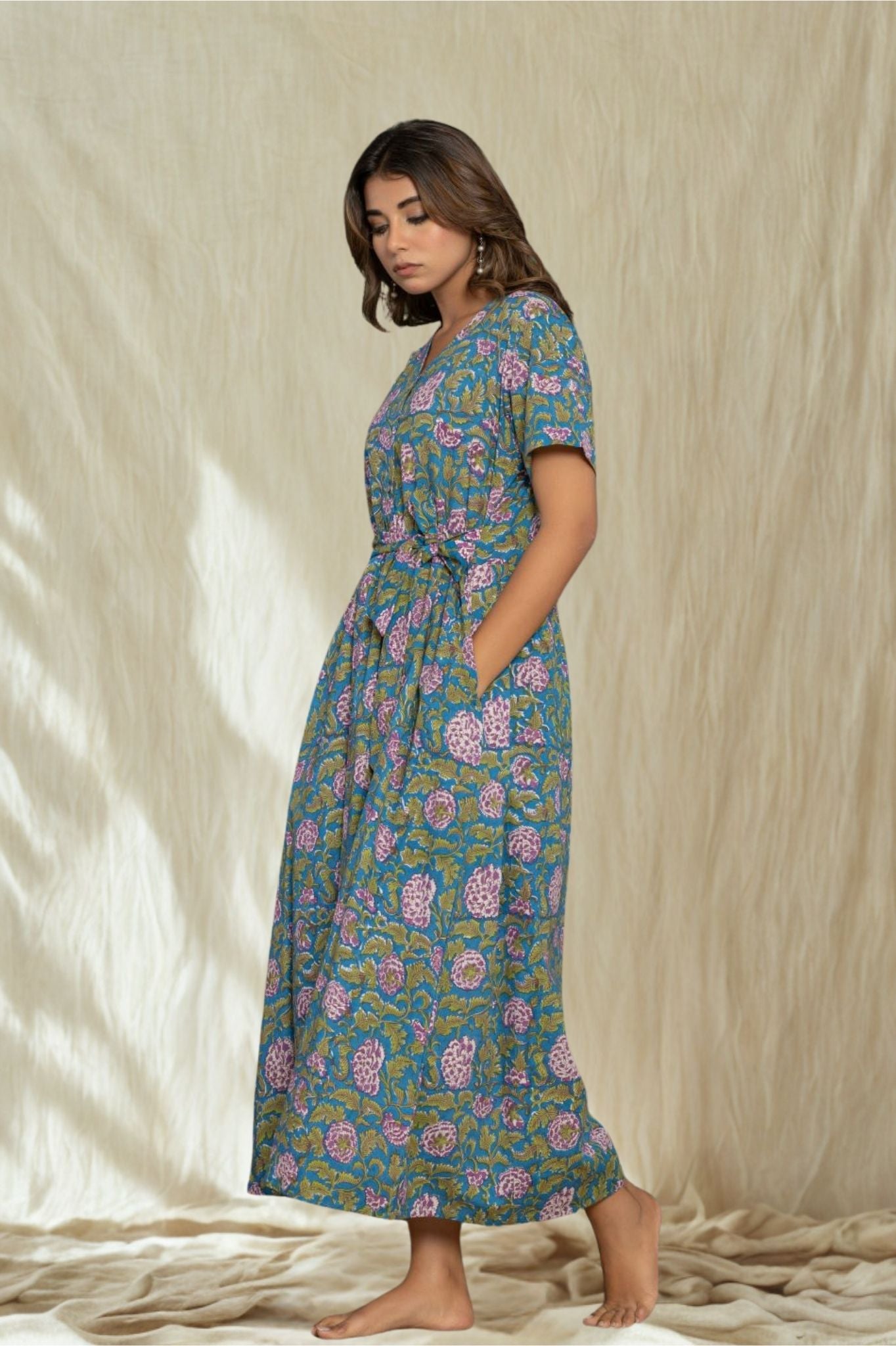 Robe Longue à Fleurs "Bleu Sérénité"