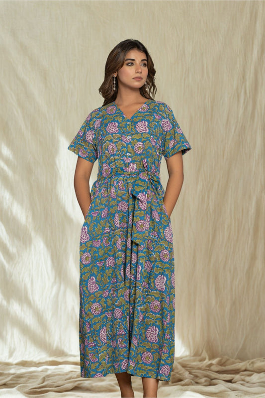 Robe Longue à Fleurs "Bleu Sérénité"