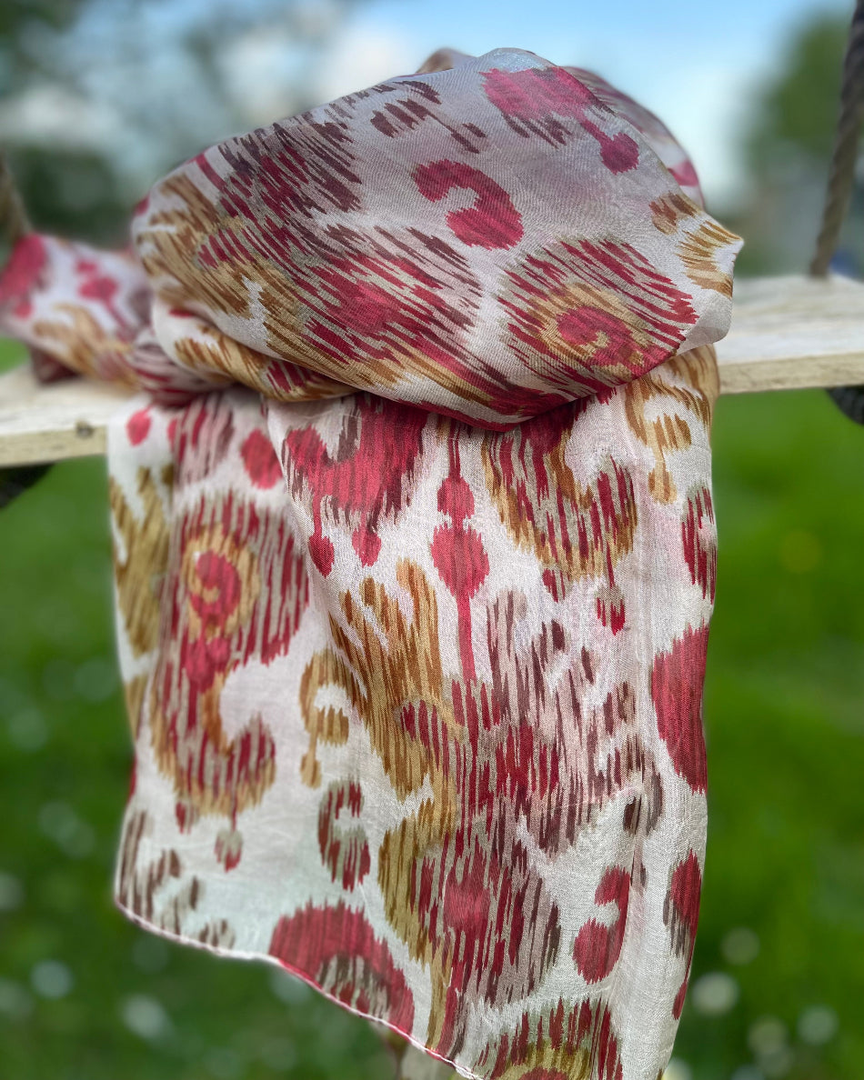 Large Silk Scarf – Ruby Red Ikat Pattern