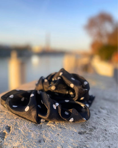 Silk Scarf – Soft and Lightweight – Black &amp; White Polka Dots