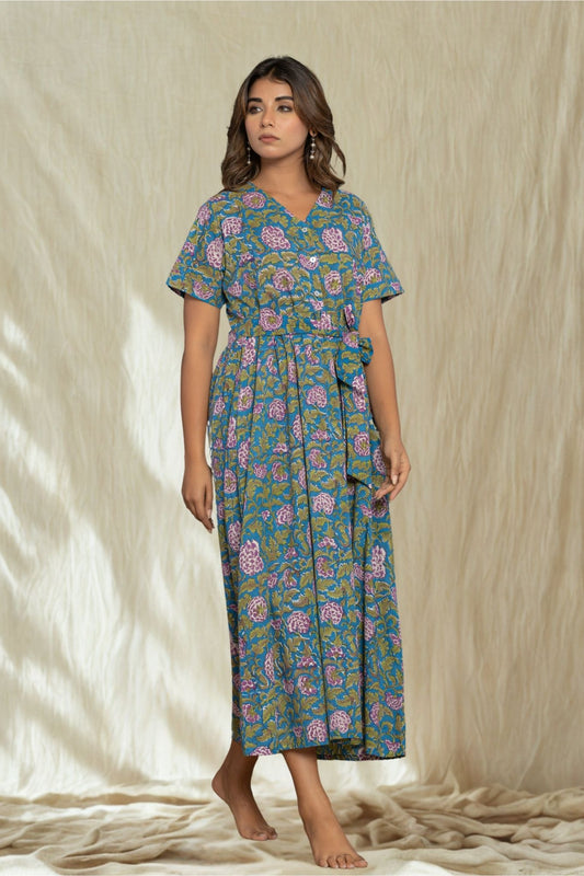Robe Longue à Fleurs "Bleu Sérénité"