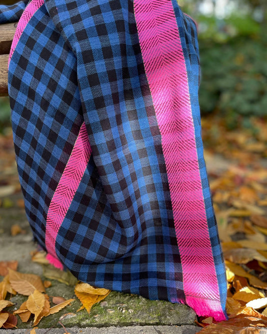 Châle Laine & Coton à Carreaux– BLEU CHECK