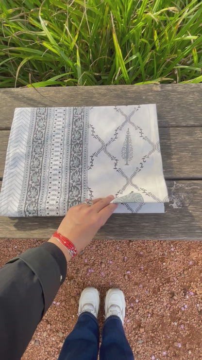 Nappe Rajasthan Gris- en coton imprimé à la main