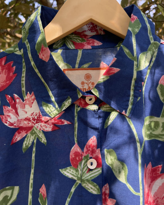 Robe chemise kurta femme en coton léger, imprimé pivoine bleu, longueur midi