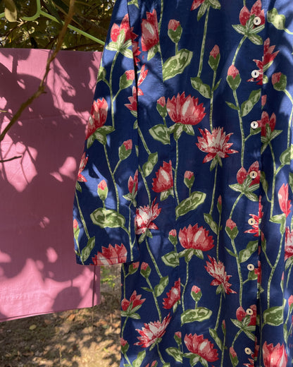 Robe chemise kurta femme en coton léger, imprimé pivoine bleu, longueur midi