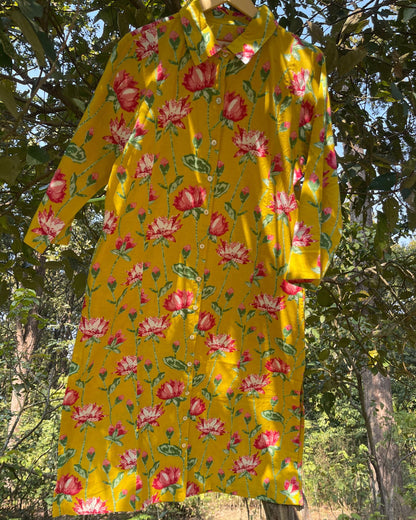 Robe chemise kurta femme en coton léger, imprimé pivoine jaune, longueur midi