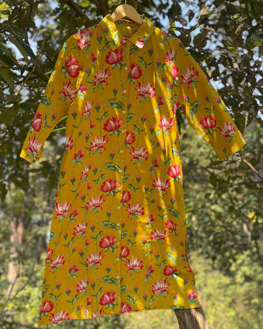 Robe chemise kurta femme en coton léger, imprimé pivoine jaune, longueur midi