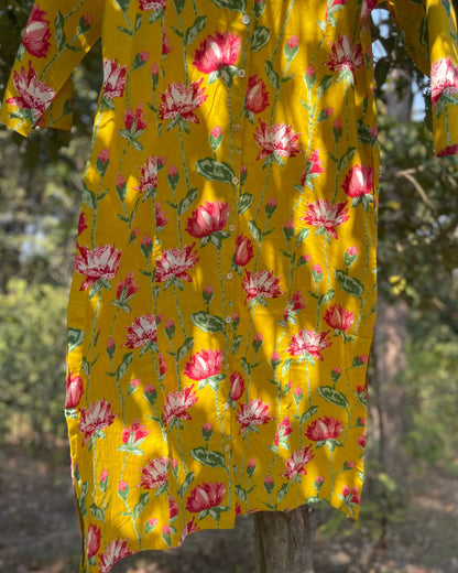 Robe chemise kurta femme en coton léger, imprimé pivoine jaune, longueur midi