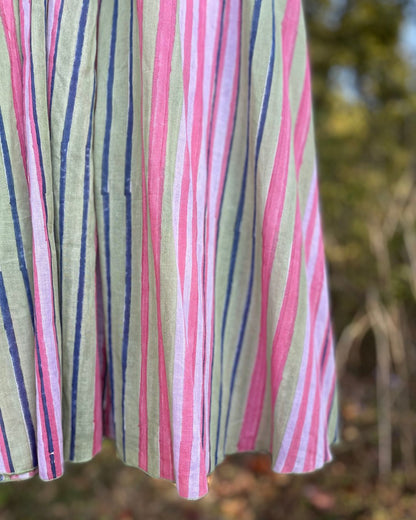 Robe longue en coton à rayure vert et rose  - Ananda