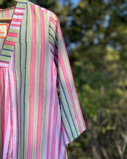 Robe longue en coton à rayure vert et rose  - Ananda