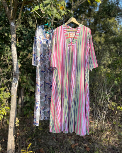 Robe longue en coton à rayure vert et rose  - Ananda