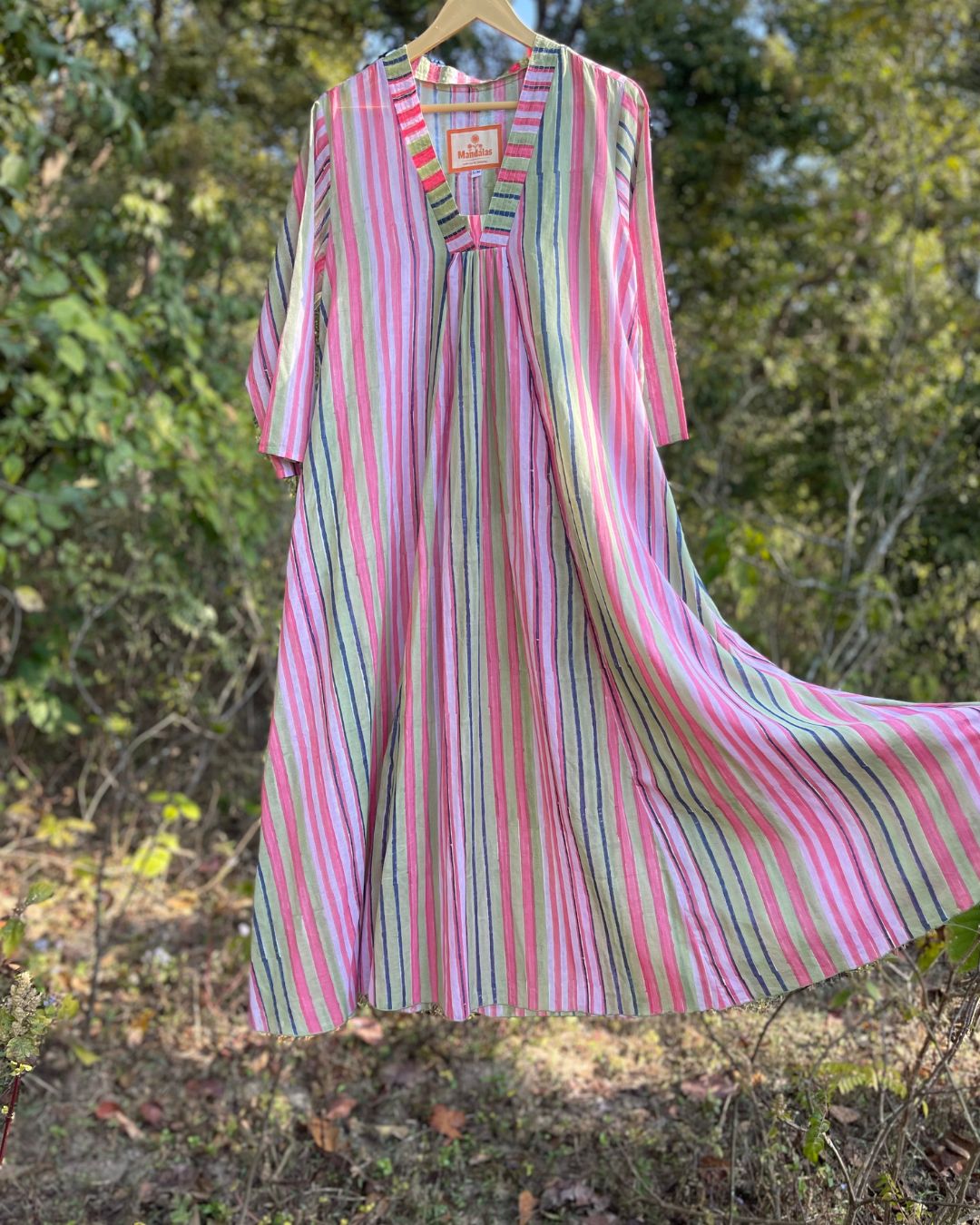 Robe longue en coton à rayure vert et rose  - Ananda