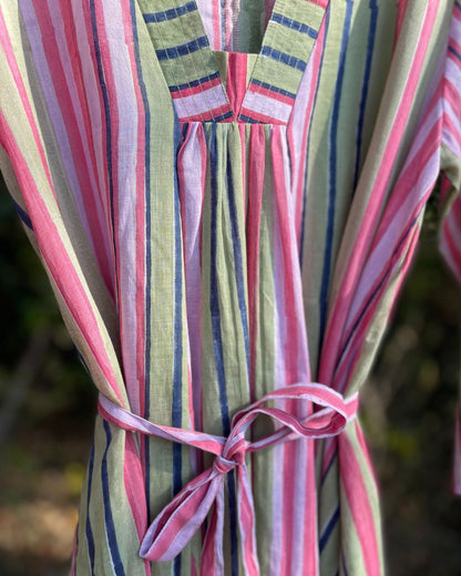 Robe longue en coton à rayure vert et rose  - Ananda